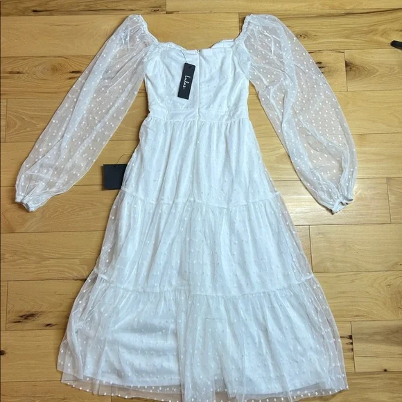 NWT Lulus White Long Sleeve Tiered Dress with Sheer Polka Dot Sleeves | Size XS - Picture 9 of 11